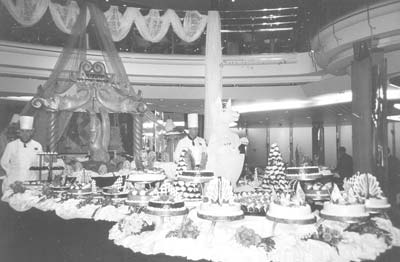 A late-evening dessert buffet on board the ship.