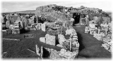 Broch of Gurness — at the center is the broch, a dry stone tower unique to Scotland.