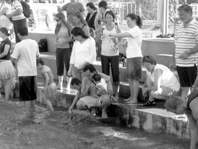 Visitors enjoy feeding bread crusts to eager fish at Aquascene during high tides.