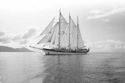 The barquentine Mandalay in the sunset. Photo courtesy Windjammer Barefoot Cruises