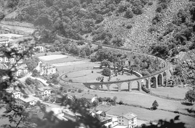 Bernina Express climbs the circular viaduct near Brusio. Photo courtesy of STS