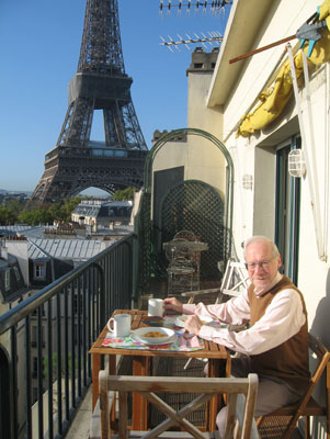 Paul enjoying breakfast on our apartment terrace.