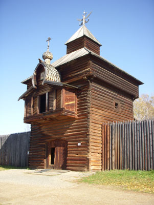 The restored Orthodox church makes a striking centerpiece for the Taltsy outdoor museum.