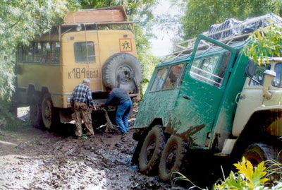 One Ural rescuing another in the mud. 