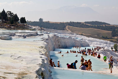 The stark-white travertine terraces in Pamukkale.