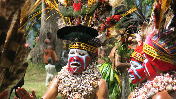 Iridescent beetles are woven into the headbands of these Wahgi Valley women.