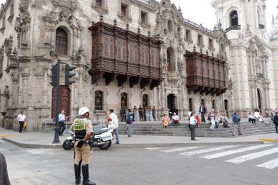 Ornately carved balconies in Lima.