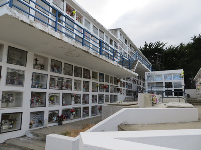 One of the structures with stacked crypts in the Punta Arenas Municipal Cemetery — Chile. Photo by Keith Syda