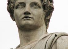 Closeup of one of the two mirror-image statues that top the Cordonata on Rome’s Capitoline Hill. The statues represent the twins Castor and Pollux and date to antiquity. Photo by Beth Habian