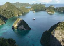 The <i>Shakti</i> in a lagoon in Raja Ampat. Photo by Donna DeGaetani