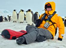 Larry Flinner and friends at Snow Hill Island, Antarctica.