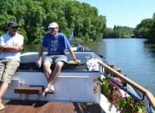 Randy Keck (at right) enjoying the good life with a fellow passenger from Australia, barging on the Canal du Midi in southwest France in spring 2015.