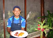 TOP: Olvin with a typical Honduran breakfast. MIDDLE: Huevos Rancheros ingredients at the ready. BOTTOM: Eggs cooking in the sauce. Photos by Sandra Scott