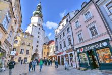 St. Michael's Gate in Bratislava's old town is the last surviving tower of the city wall. Photo by Cameron Hewitt