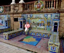 Beverly Hazen (in March 2020) in Plaza de España in the Parque de María Luisa, built for the Ibero-American Exposition of 1929 in Sevilla, Spain. Photo by Sam Hazen