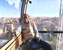 Frank Stewart in a cable car in La Paz.