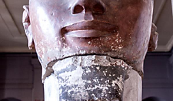 Painted limestone head of a bearded Queen Hatshepsut, Egypt’s first female pharaoh, at Cairo’s Egyptian Museum.