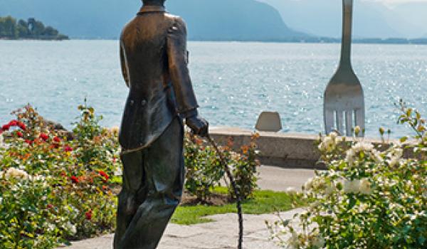 In Vevey, Switzerland, Charlie Chaplin’s statue is a stone’s throw from a 26-foot-tall fork installed in Lake Geneva by the Alimentarium, a food-themed museum. Photo: ©irisphoto18/123rf.com