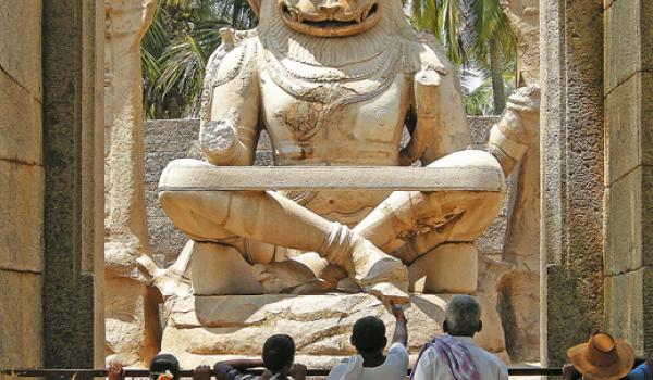 Narasimha, the lion-headed Hindu deity, in Lakshmi Narasimha Temple (UNESCO Site No. 241) — Hampi, India. Photo by David J. Patten