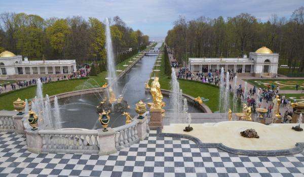 View of the Sea Channel from atop the Grand Cascade at Peterhof.