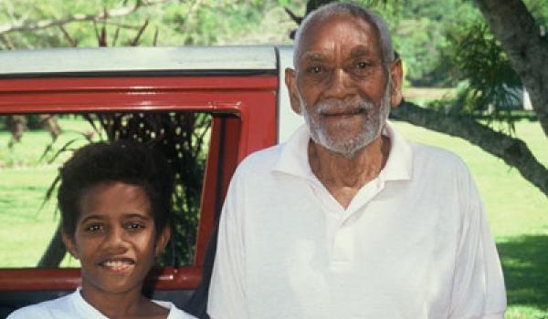 Chief Jacob Bue and his grandson on Ambae. 