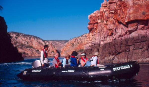 A Zodiac inflatable boat at the headwater of the Horizontal Falls.