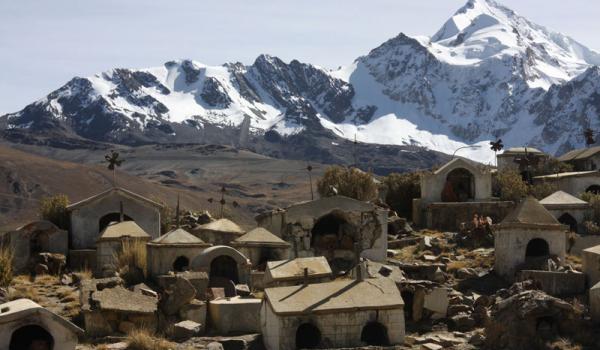 Cemetery of the Aymara, with graves dating back to the 1700s, backed by Chacaltaya Peak.