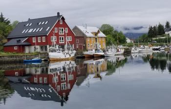 View from my hotel room — fishing cottages in Kabelvåg, Lofoten archipelago, Norway.