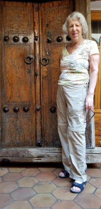 Edna R.S. Alvarez at the entrance to the Yahudiylar Synagogue in Bukhara, Uzbekistan.