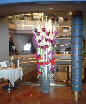 Floral arrangement outside the <i>Westerdam</i>’s main dining room. Photos by Marsha Caplan