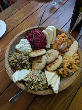 An assortment of Georgian dips, cheese and corn cakes.