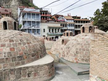 Rooftop of the historic baths in Tbilisi, where visitors can relax in the hot, sulfur-enriched waters.