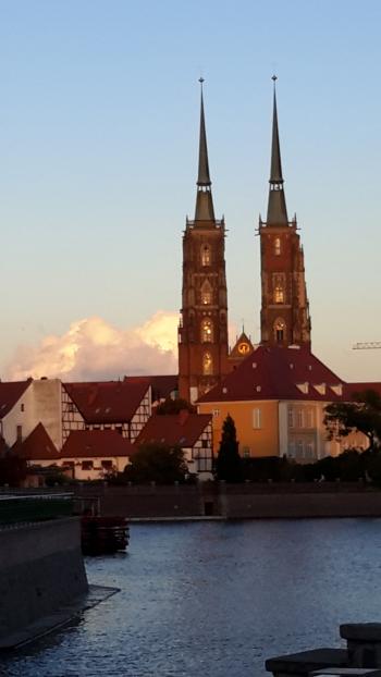 View of the island of Wrocław, Poland, with the spires of the Cathedral of St. John the Baptist.