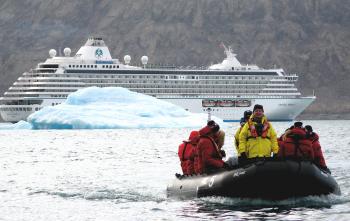 A Zodiac taking passengers from our ship, Crystal Serenity, on one of the many daily excursions.