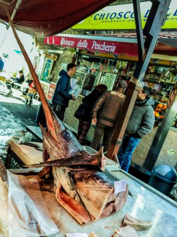 The Gulf of Messina, where Sicily almost touches the mainland, is an exceptionally good fishery for swordfish, so the fish is popular in restaurants and at the markets.