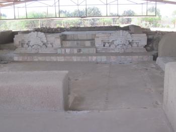 Structure 190 at Lambityeco, with Cocijo masks — southern Mexico.