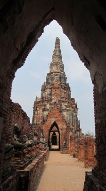 View of one of the gateways from inside another gateway at Wat Chai Watthanaram.