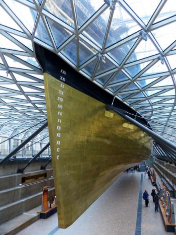 Visitors to the ‘Cutty Sark’ in London’s Greenwich district can walk under the ship, which has been raised 11 feet above her dry dock. Photo by Gretchen Strauch