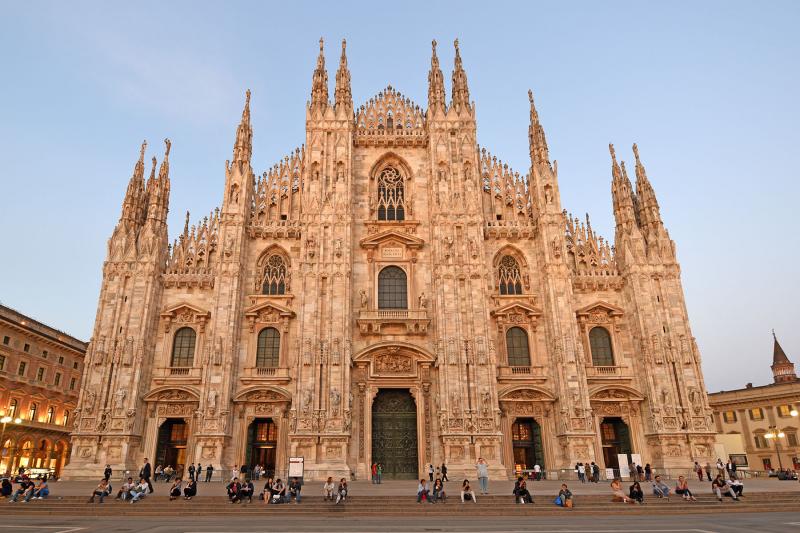 Made of pink marble and decorated with Gothic spires, Milan’s cathedral is one of the largest in Europe. Photo by Cameron Hewitt