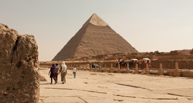 Dating from 2520 BC, the Khafre pyramid, one of three main pyramids at Giza, is the second-largest in this complex, reaching a height of 470 feet.